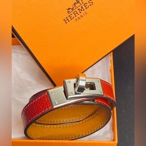 Hermes Red Leather Kelly Double Tour Bracelet with Silver Hardware Authentic